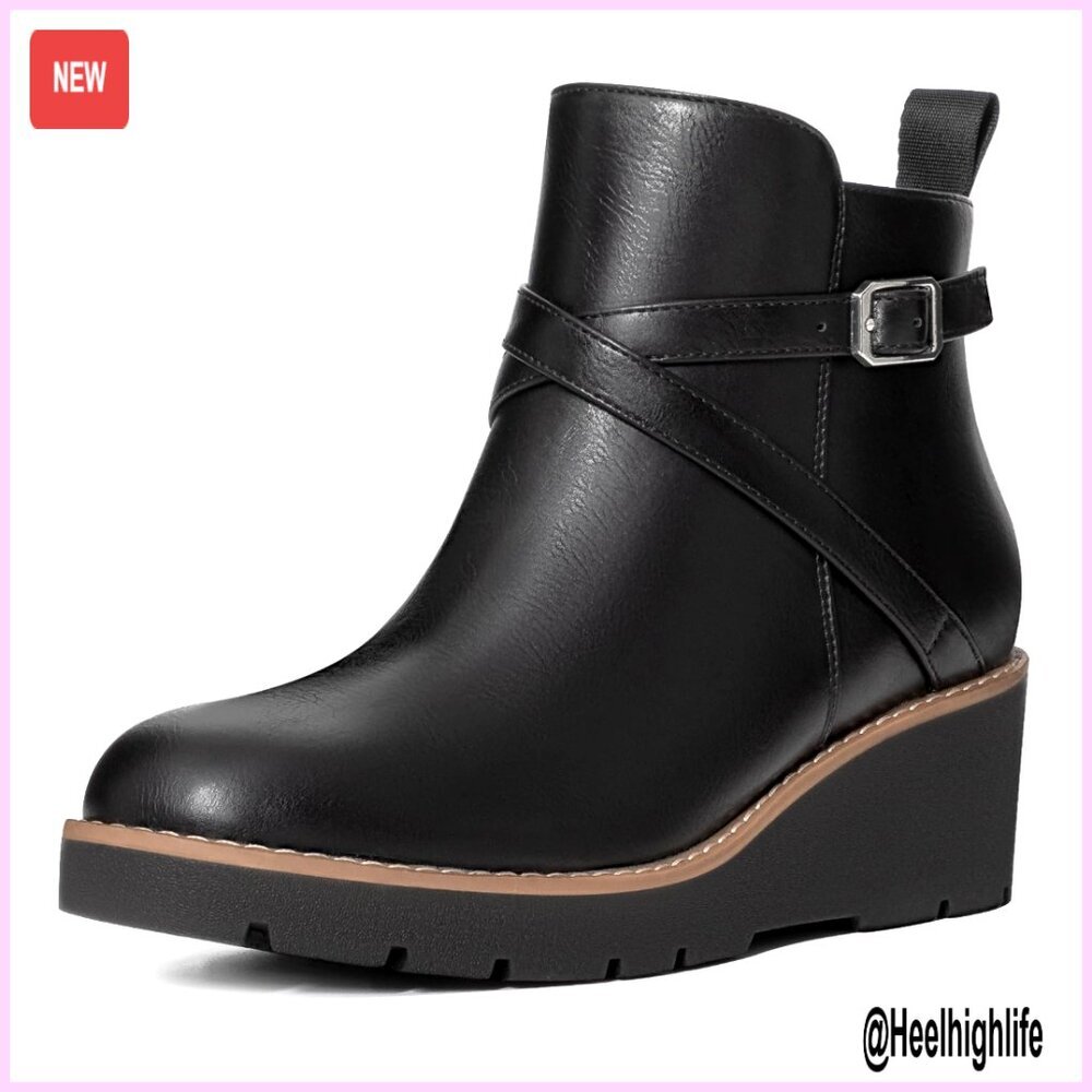 Wedge Ankle Boots Platform Lug Sole Buckle Side Zipper Women's Shoes